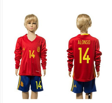 Spain #14 Alonso Red Home Long Sleeves Kid Soccer Country Jersey Spain #14 Alonso Red Home Long Sleeves Kid Soccer Country Jersey