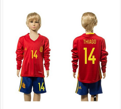 Spain #14 Thiago Red Home Long Sleeves Kid Soccer Country Jersey Spain #14 Thiago Red Home Long Sleeves Kid Soccer Country Jersey