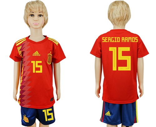 Spain #15 Sergio Raoms Red Home Kid Soccer Country Jersey