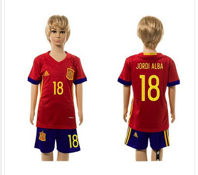 Spain #18 Jordi Alba Red Home Kid Soccer Country Jersey