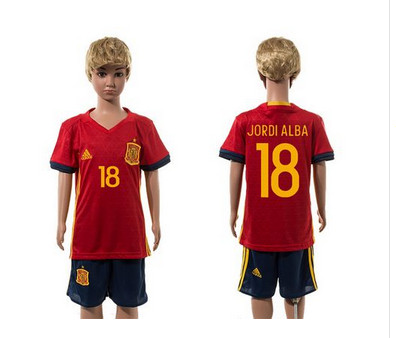 Spain #18 Jordi Alba Red Home Kid Soccer Country Jersey Spain #18 Jordi Alba Red Home Kid Soccer Country Jersey