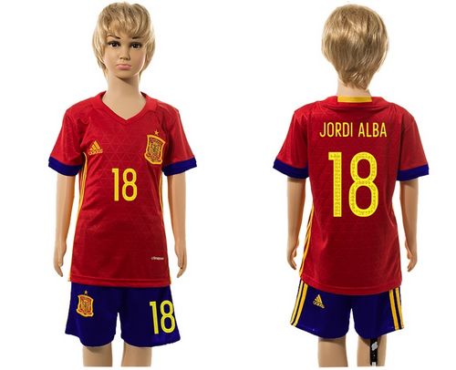 Spain #18 Jordi Alba Red Home Kid Soccer Country Jersey
