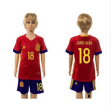Spain #18 Jordi Alba Red Home Kid Soccer Country Jersey