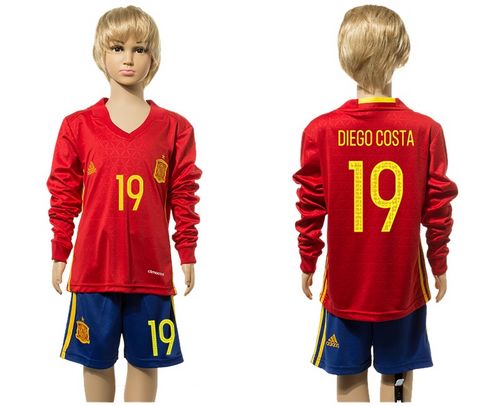 Spain #19 Diego Costa Red Home Long Sleeves Kid Soccer Country Jersey Spain #19 Diego Costa Red Home Long Sleeves Kid Soccer Country Jersey