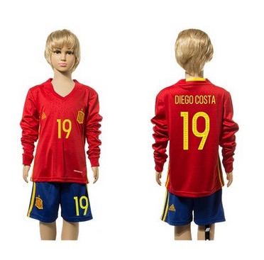 Spain #19 Diego Costa Red Home Long Sleeves Kid Soccer Country Jersey