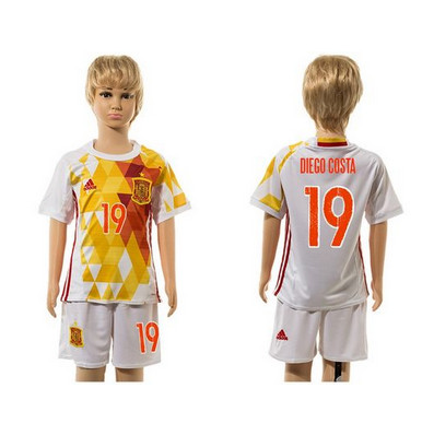 Spain #19 Diego Costa White Away Kid Soccer Country Jersey