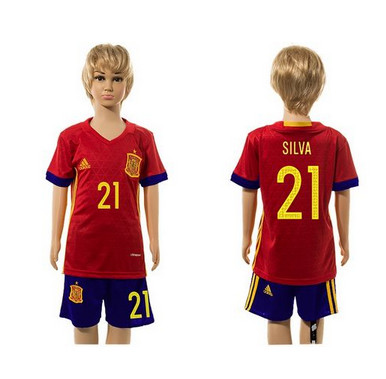 Spain #21 Silva Red Home Kid Soccer Country Jersey Spain #21 Silva Red Home Kid Soccer Country Jersey