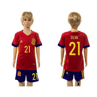 Spain #21 Silva Red Home Kid Soccer Country Jersey