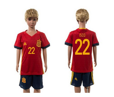 Spain #22 Isco Red Home Kid Soccer Country Jersey