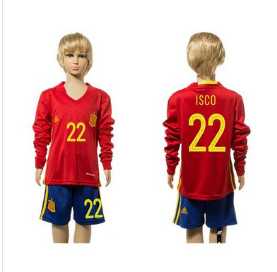 Spain #22 Isco Red Home Long Sleeves Kid Soccer Country Jersey Spain #22 Isco Red Home Long Sleeves Kid Soccer Country Jersey