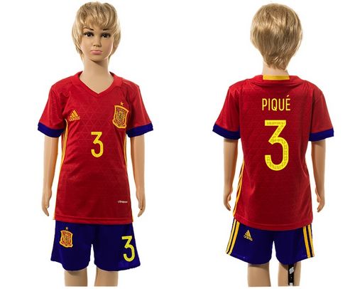 Spain #3 Pique Red Home Kid Soccer Country Jersey
