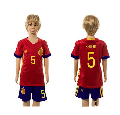 Spain #5 Sergio Red Home Kid Soccer Country Jersey