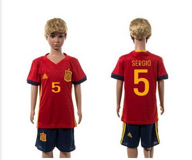 Spain #5 Sergio Red Home Kid Soccer Country Jersey Spain #5 Sergio Red Home Kid Soccer Country Jersey