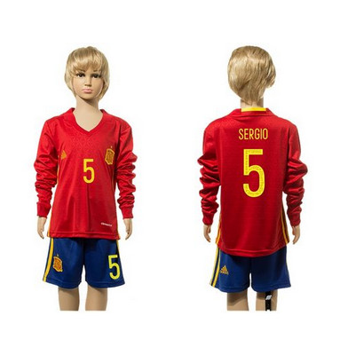 Spain #5 Sergio Red Home Long Sleeves Kid Soccer Country Jersey