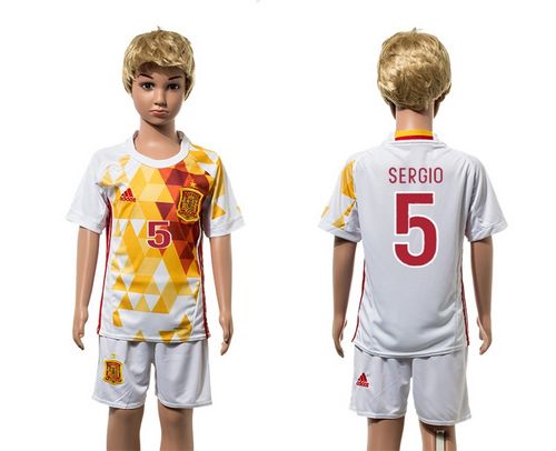 Spain #5 Sergio White Away Kid Soccer Country Jersey Spain #5 Sergio White Away Kid Soccer Country Jersey