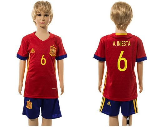 Spain #6 A.Iniesta Red Home Kid Soccer Country Jersey