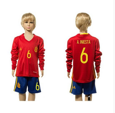 Spain #6 A.Iniesta Red Home Long Sleeves Kid Soccer Country Jersey