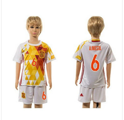 Spain #6 A.Iniesta White Away Kid Soccer Country Jersey