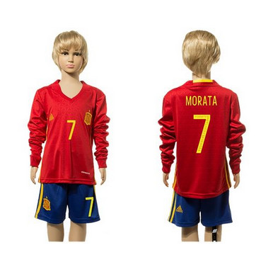 Spain #7 Morata Red Home Long Sleeves Kid Soccer Country Jersey Spain #7 Morata Red Home Long Sleeves Kid Soccer Country Jersey