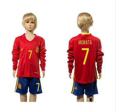 Spain #7 Morata Red Home Long Sleeves Kid Soccer Country Jersey