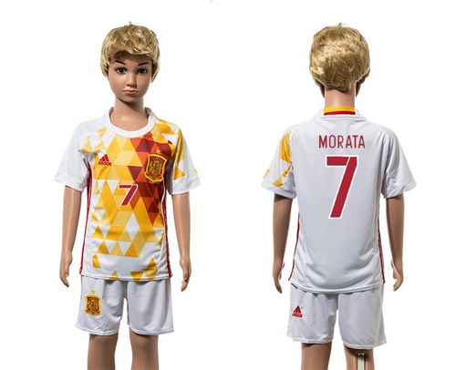 Spain #7 Morata White Away Kid Soccer Country Jersey Spain #7 Morata White Away Kid Soccer Country Jersey