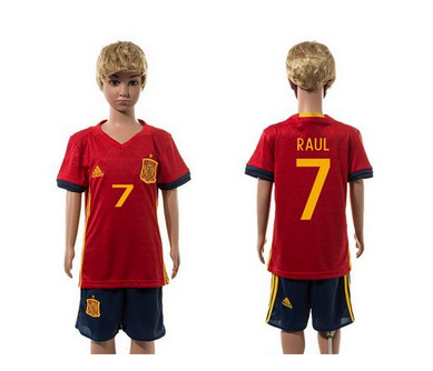 Spain #7 Raul Red Home Kid Soccer Country Jersey