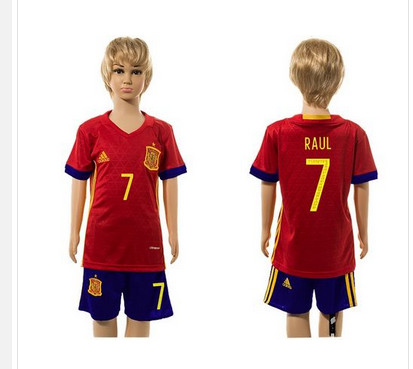 Spain #7 Raul Red Home Kid Soccer Country Jersey