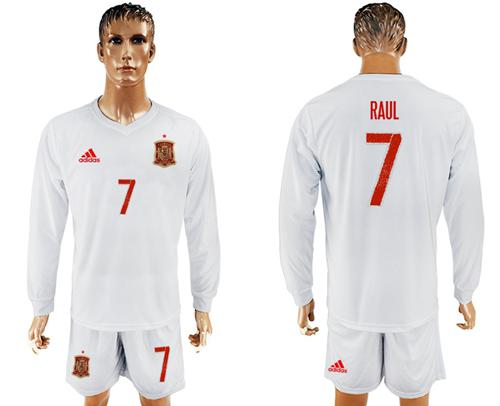 Spain #7 Raul White Away Long Sleeves Soccer Country Jersey Spain #7 Raul White Away Long Sleeves Soccer Country Jersey