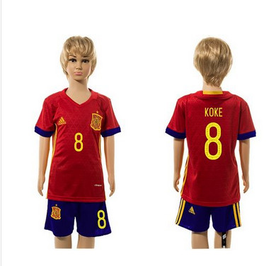 Spain #8 Koke Red Home Kid Soccer Country Jersey