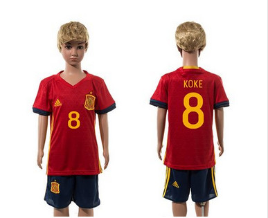 Spain #8 Koke Red Home Kid Soccer Country Jersey