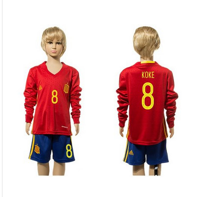 Spain #8 Koke Red Home Long Sleeves Kid Soccer Country Jersey