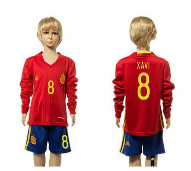 Spain #8 Xavi Red Home Long Sleeves Kid Soccer Country Jersey