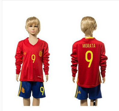 Spain #9 Morata Red Home Long Sleeves Kid Soccer Country Jersey Spain #9 Morata Red Home Long Sleeves Kid Soccer Country Jersey