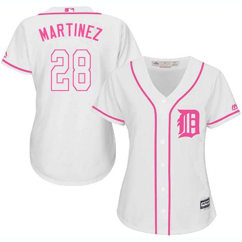 Tigers #28 J. D. Martinez White Pink Fashion Women's Stitched MLB Jersey