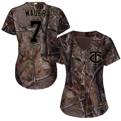 Twins #7 Joe Mauer Camo Realtree Collection Cool Base Women's Stitched Baseball Jersey