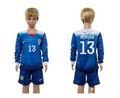 USA #13 Morgan Away Long Sleeves Kid Soccer Country Jersey
