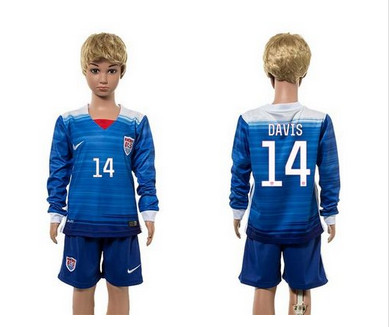 USA #14 Davis Away Long Sleeves Kid Soccer Country Jersey