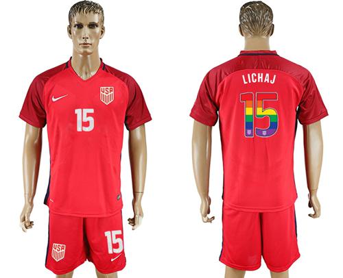 USA #15 Lichaj Red Rainbow Soccer Country Jersey USA #15 Lichaj Red Rainbow Soccer Country Jersey