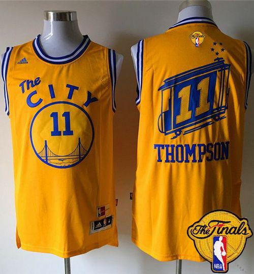 Warriors #11 Klay Thompson Gold Throwback The City The Finals Patch Stitched NBA Jersey