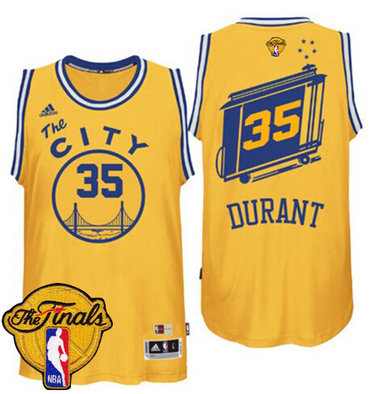 Warriors #35 Kevin Durant Gold Throwback The City The Finals Patch Stitched NBA Jersey
