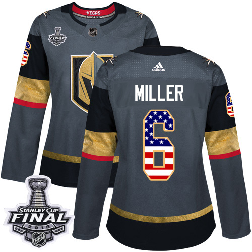 Women's Adidas Golden Knights #6 Colin Miller Grey Home Authentic USA Flag 2018 Stanley Cup Final Women's Stitched NHL Jersey