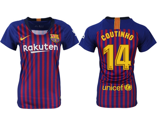 Women's Barcelona #14 Coutinho Home Soccer Club Jersey Women's Barcelona #14 Coutinho Home Soccer Club Jersey
