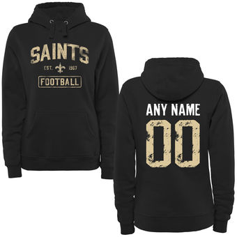 Women's Black New Orleans Saints Distressed Custom Name & Number Pullover Hoodie