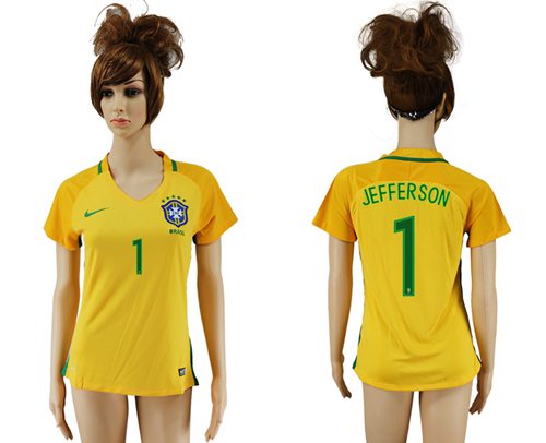 Women's Brazil #1 Jefferson Home Soccer Country Jersey Women's Brazil #1 Jefferson Home Soccer Country Jersey