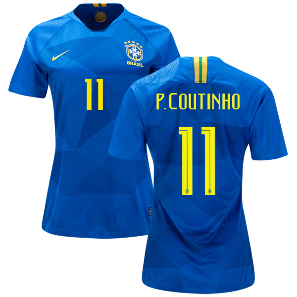 Women's Brazil #11 P.Coutinho Away Soccer Country Jersey Women's Brazil #11 P.Coutinho Away Soccer Country Jersey