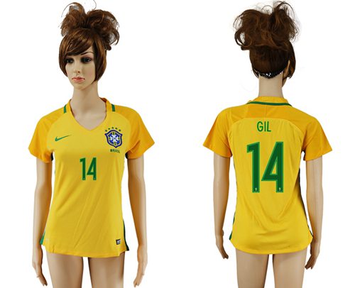 Women's Brazil #14 GIL Home Soccer Country Jersey Women's Brazil #14 GIL Home Soccer Country Jersey