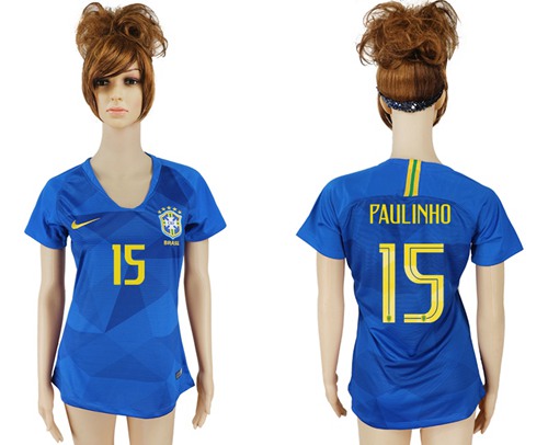 Women's Brazil #15 Paulinho Away Soccer Country Jersey Women's Brazil #15 Paulinho Away Soccer Country Jersey