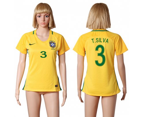 Women's Brazil #3 T.Silva Home Soccer Country Jersey Women's Brazil #3 T.Silva Home Soccer Country Jersey