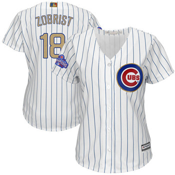 Women's Cubs #18 Ben Zobrist Majestic White Gold Chicago Cubs 2017 Gold Program Plus Size Fashion Cool Base Replica Team Jersey