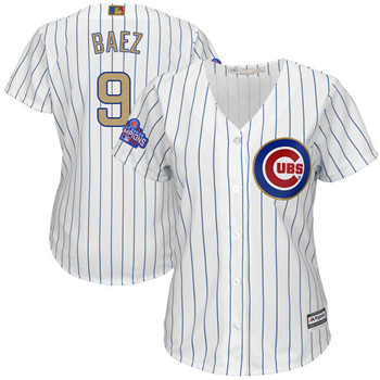 Women's Cubs #9 Javier Baez Majestic White Gold Chicago Cubs 2017 Gold Program Plus Size Fashion Cool Base Replica Team Jersey